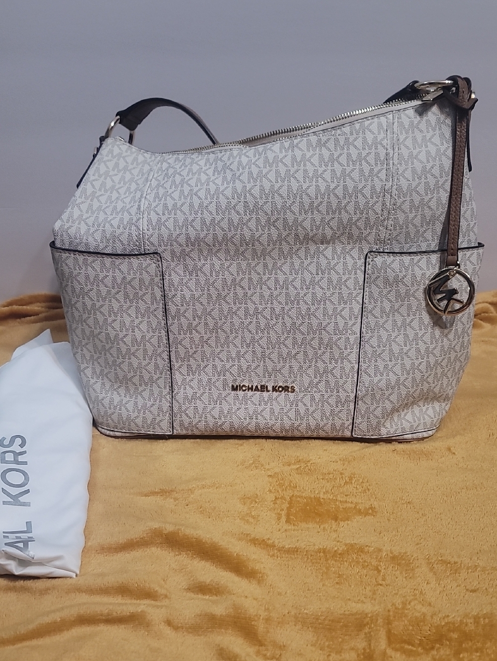 Michael Kors Cream Logo Hobo Shoulder Bag with Gold Hardware